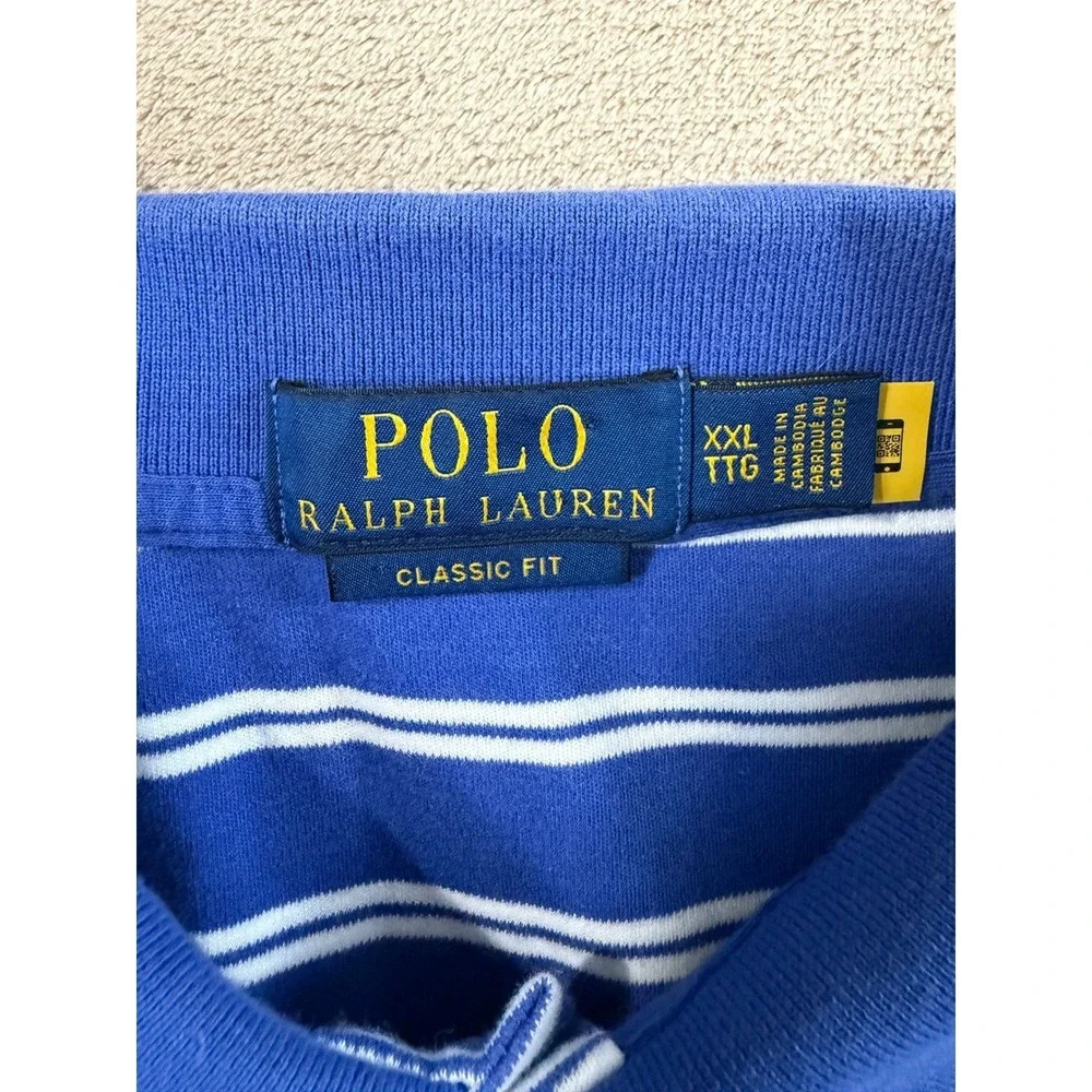 Polo Ralph Lauren Polo Shirt Mens 2XL Blue White Striped Classic Fit Cotton EUC